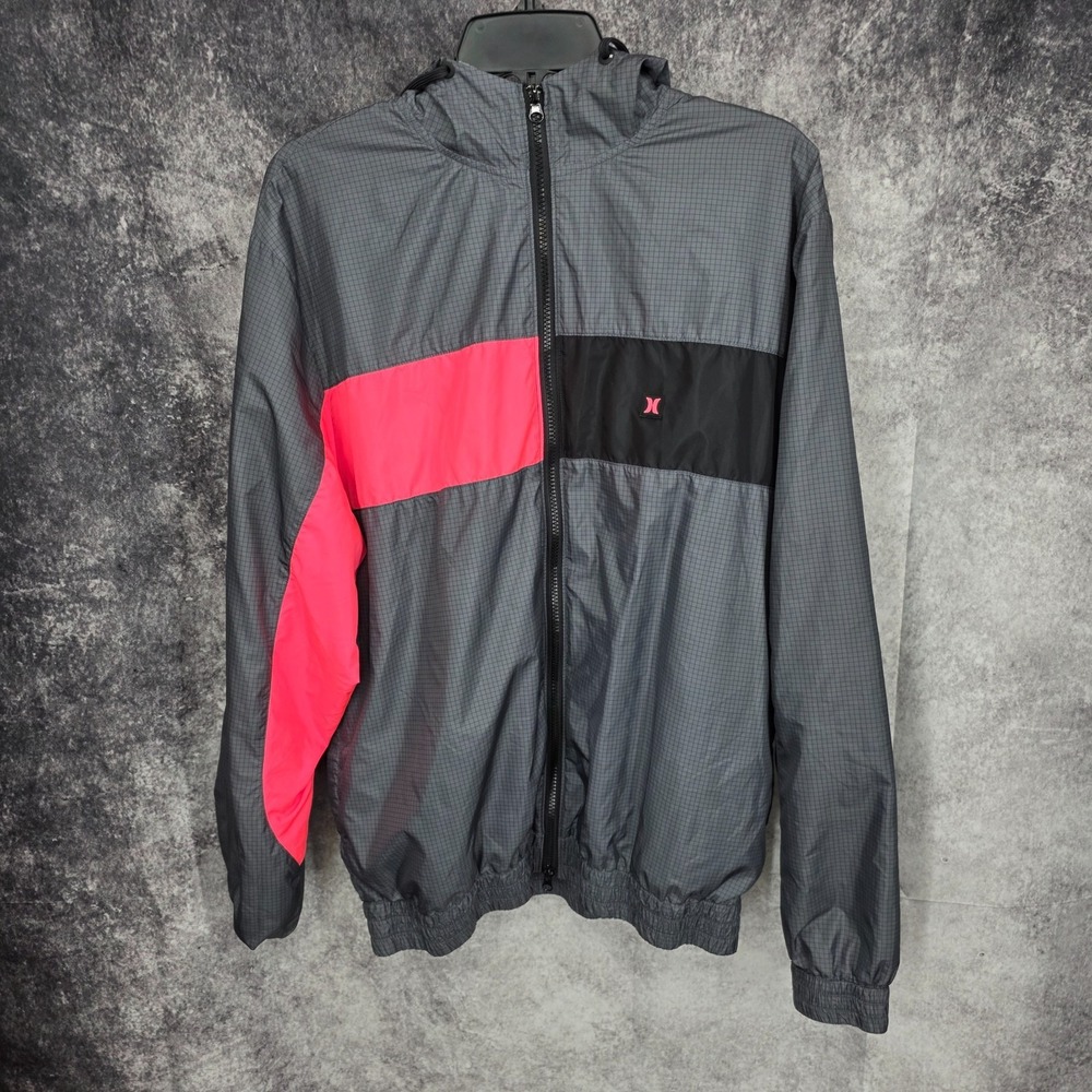 Hurley Jacket Mens Large‎ Gray Windbreaker Full Zip Hooded Lightweight
